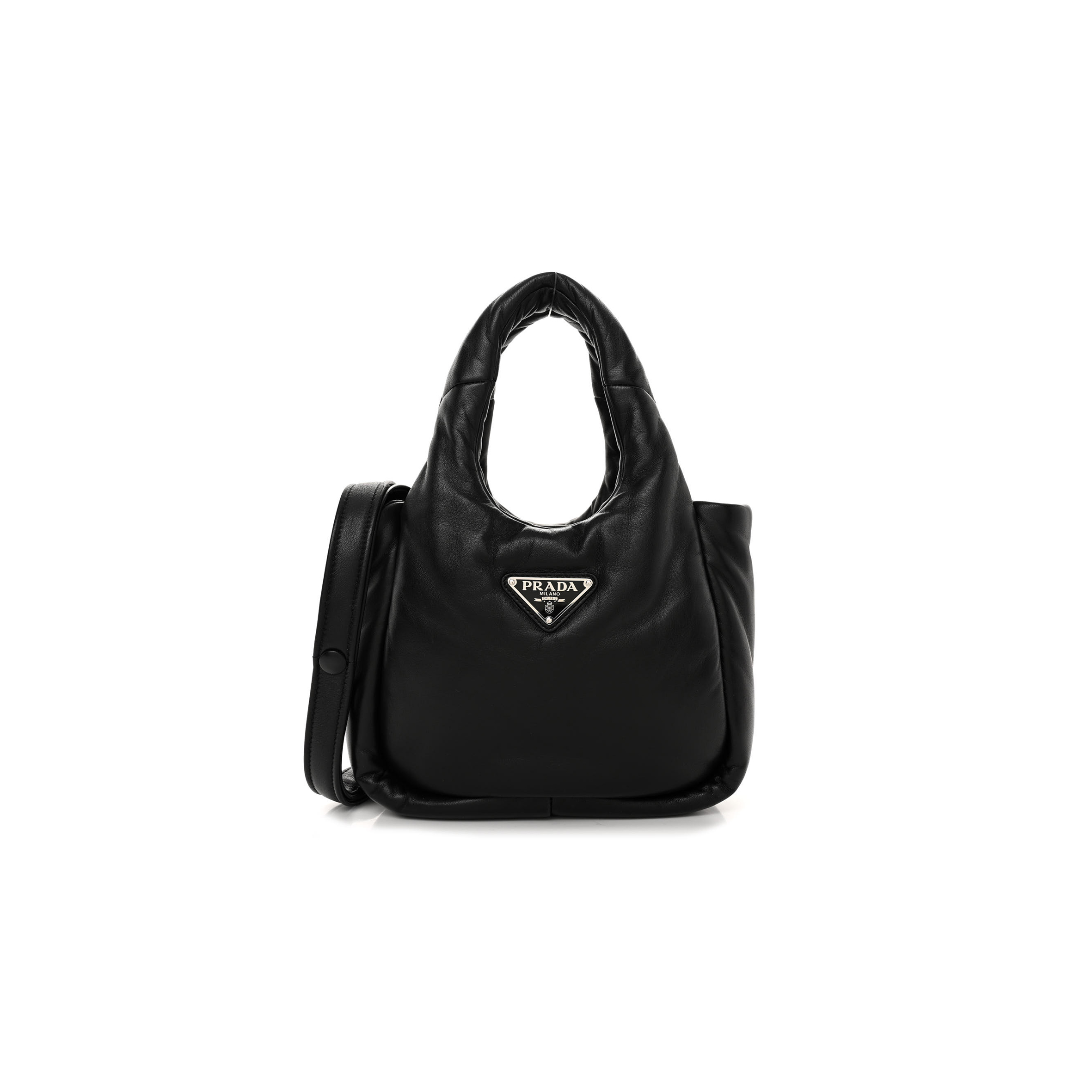 Pra*a nappa soft padded small double handled shoulder bag black 1ba359 (18*15.5*10cm)